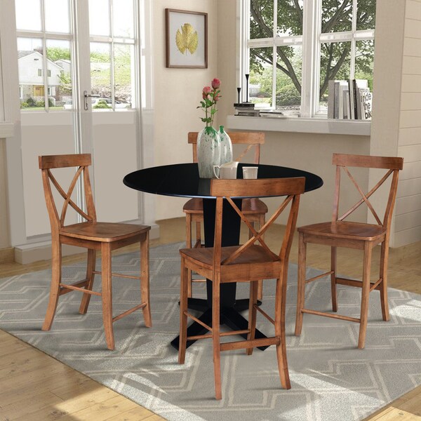 42 In. Solid Wood Dual Drop Leaf Dining Table With 4 Counter Height Stools In Black/Distressed Oak